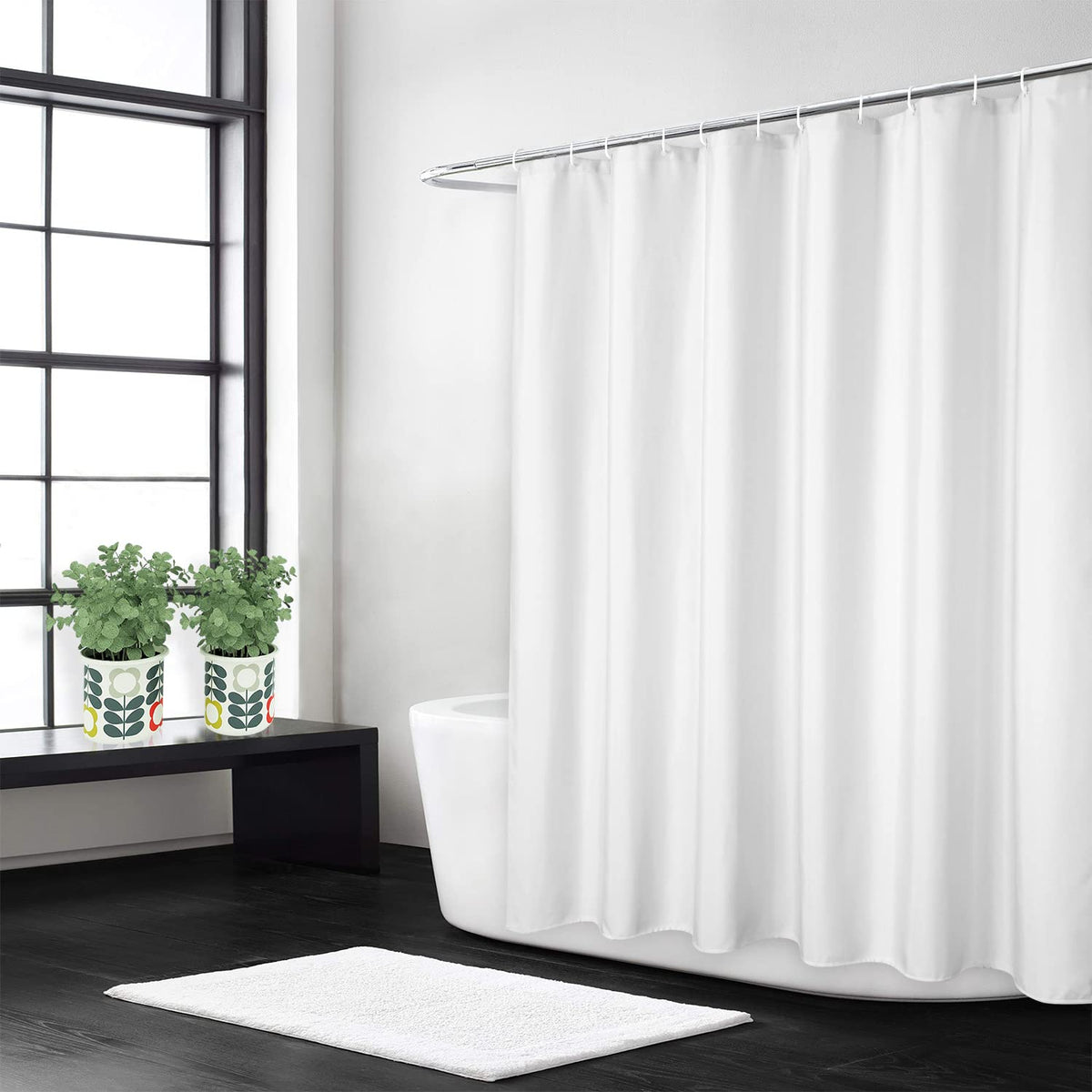 LinTimes Flax Linen Like 240GSM Heavy Weight Fabric Shower Curtain for Bathroom with Hooks Hotel Luxury Washable, White, 180x200 cm