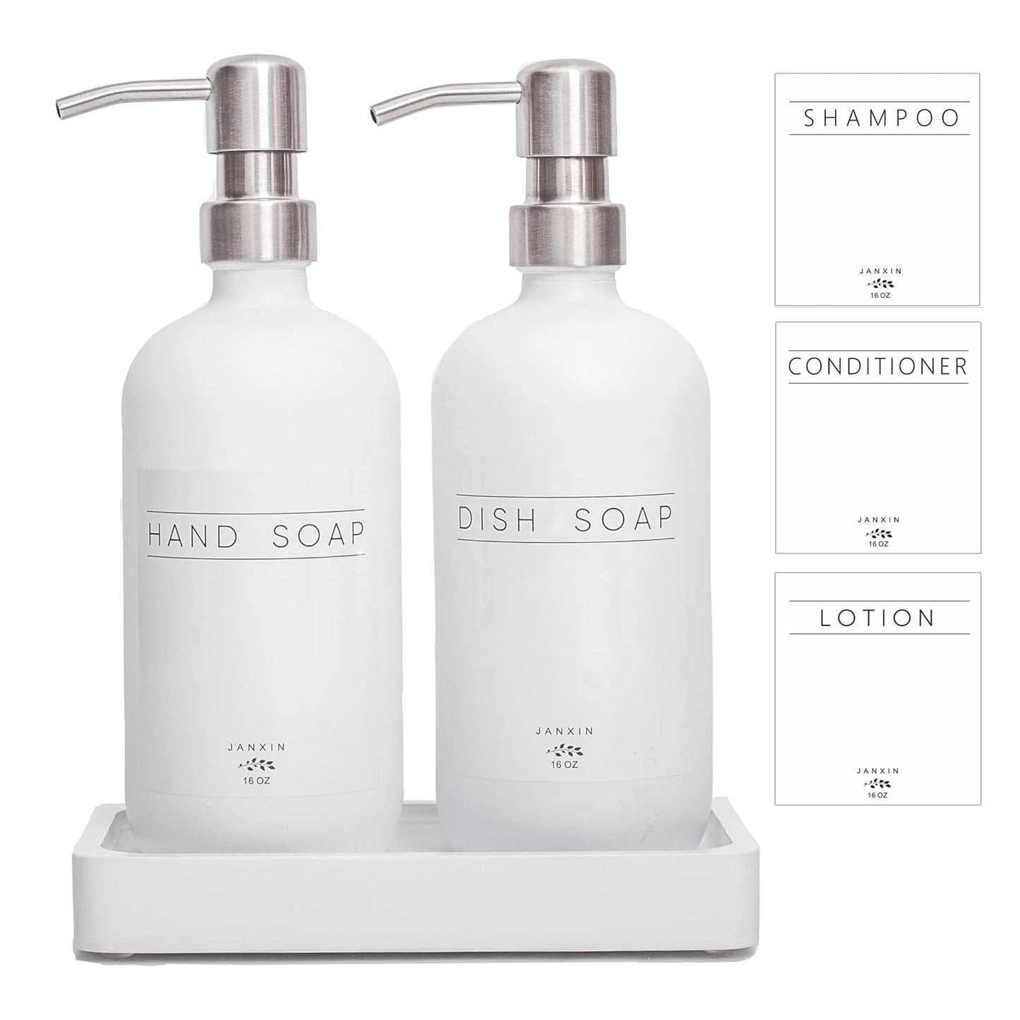 Janxin Glass Soap Dispenser for Kitchen,16oz Morden Hand and Dish Soap Dispenser with Stainless Steel Pump and Wood Tray,Bathroom Soap Dispenser with