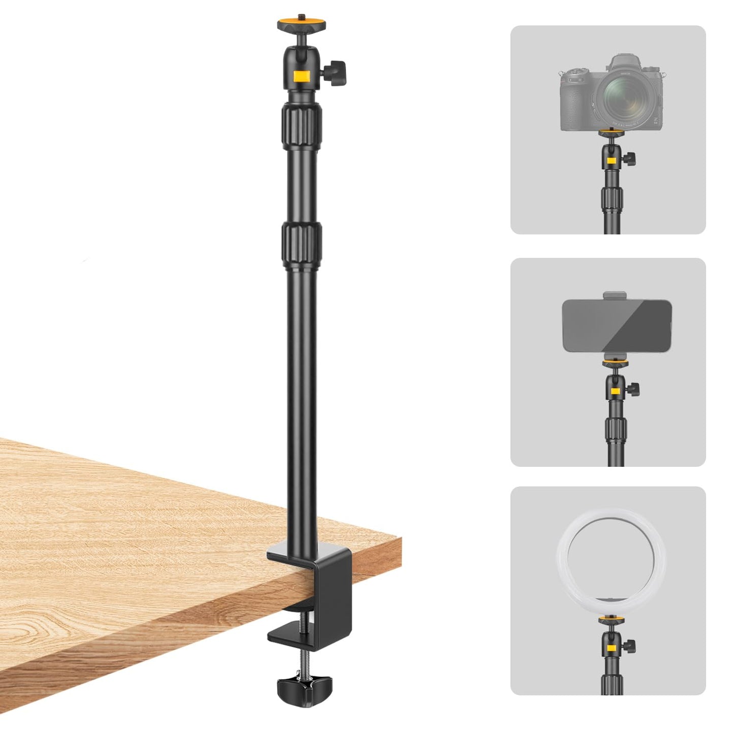 JEBUTU Camera Desk Mount, 37.6-83cm Adjustable Desk Light Stand, Tabletop C-Clamp Mount Arm with 1/4" Ball Head for Webcam, Ring Light, Live