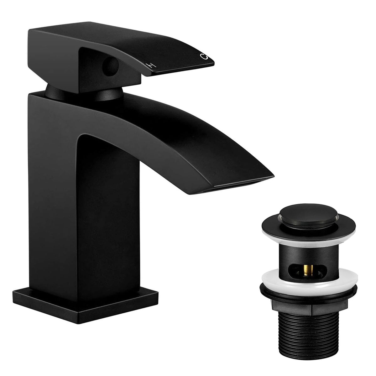 Wasserrhythm Basin Taps with Pop up Waste Black Waterfall Square Bathoom Sink Tap Mixers Brass Mono Cloakroom Faucet Monobloc with Slotted Waste