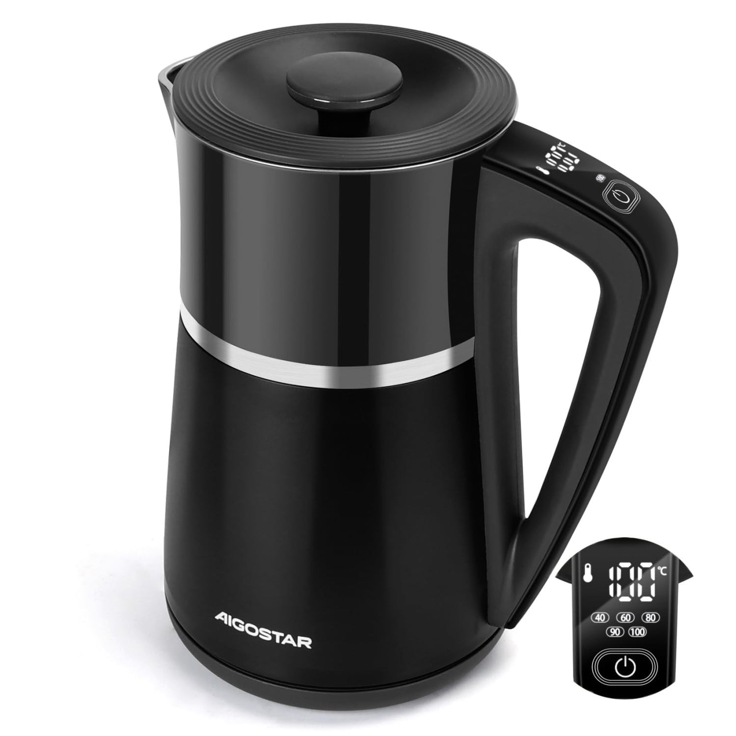 Aigostar 1.7L Electric Kettle with 5 Temperature Settings, Keep Warm, Double Walls Insulated, Digital Display, Stainless Steel Interior, Tea Kettle