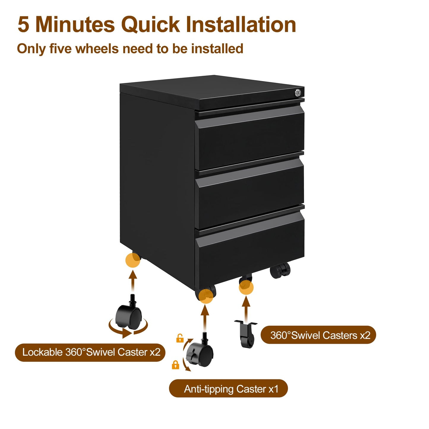 HOMSTEEL 3 Drawers File Cabinet, Metal Filing Cabinet with Lock, Mobile File Cabinet, Fully Assembled Except Casters, for Office, Home Office, Black