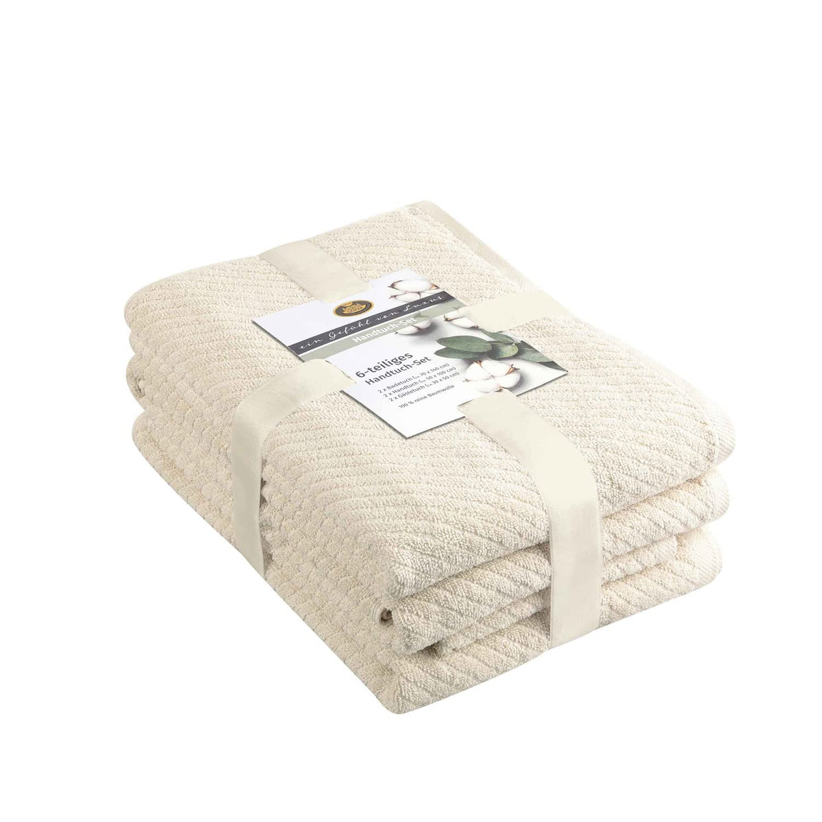 G?zze - Towel Set, 2 Hand Towels (50 x 100 cm), 2 Bath Towels (70 x 140 cm) and 2 Guest Towels (30 x 50 cm), 100% Cotton, 480 g/m? - Cr?me