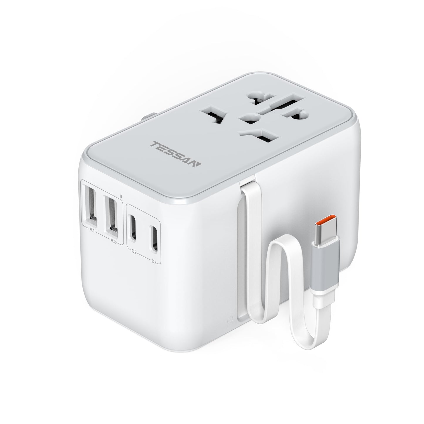 TESSAN Universal Travel Adapter Worldwide, Built in 35 W USB C Cable, International Travel Adapter with 4 USB Charging Ports, Universal Plug for UK to