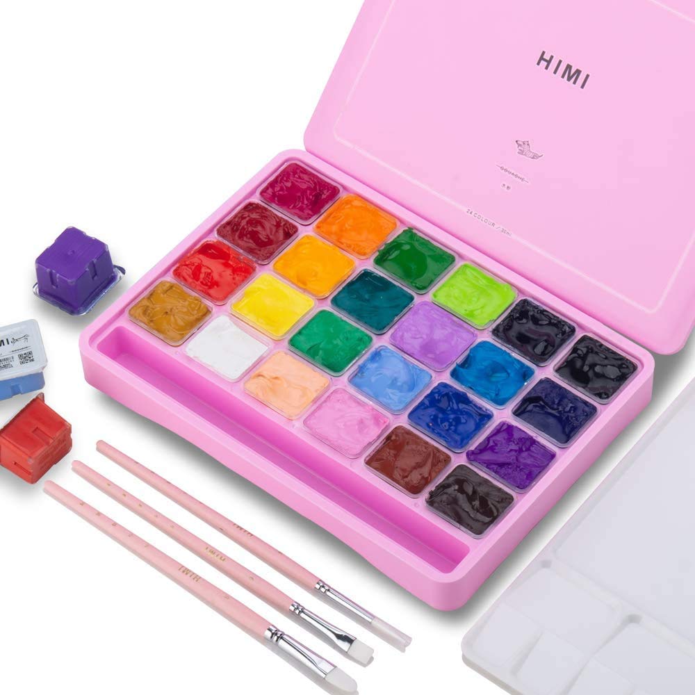 HIMI Gouache Paint Set, 24 Colours x 30ml with 3 Brushes & a Palette, Unique Jelly Cup Design, Non-Toxic, Guache Paint for Canvas Watercolour Paper -