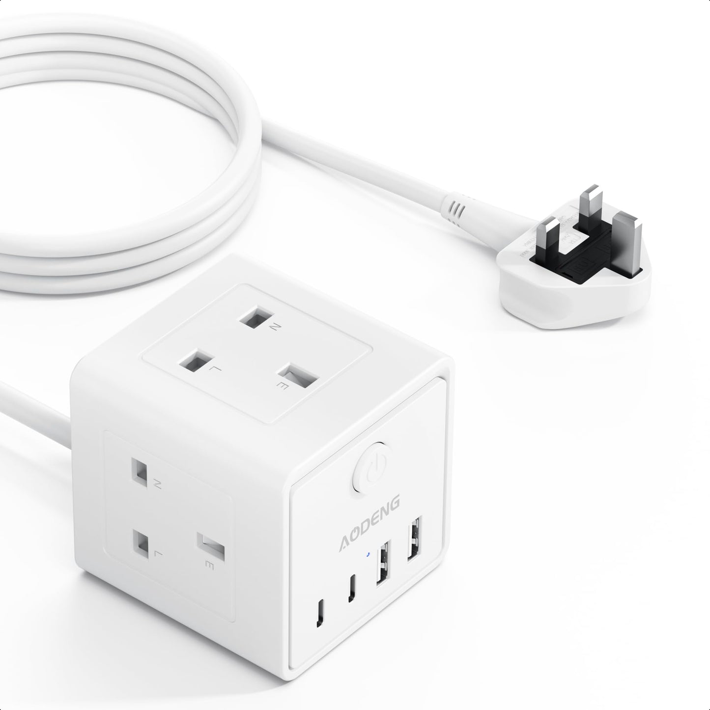 3M Extension Lead with 4 USB, 3 Way Multi Plug Extension Socket with 2 USB A 2 USB C, Desktop Power Extension Cable for Home Office