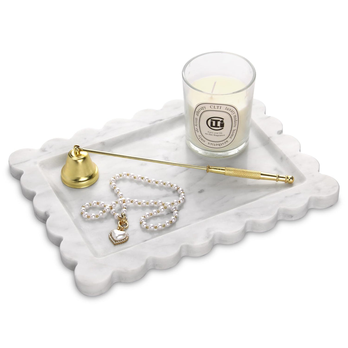 Marble Tray with Scalloped Edge,Luxury Natural Stone Bathroom Vanity Tray Decorative for Dresser Top Perfume Coffee Home Kitchen Sink Key Trinket