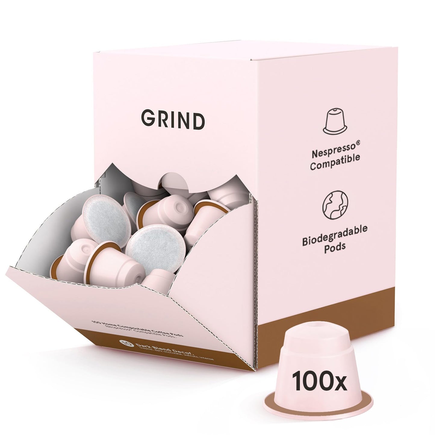 Grind Decaf Dark Coffee Pods ? Pack of 100 Biodegradable Capsules ? Naturally Decaffeinated ? Nespresso? Original Compatible ? Home Compostable ?