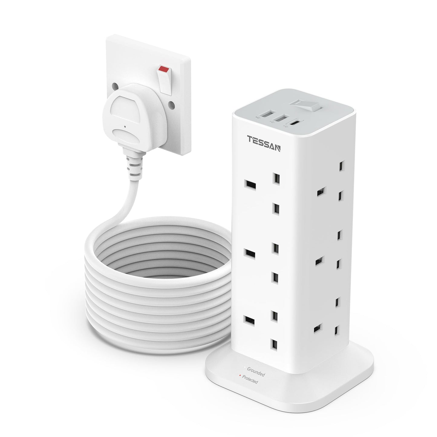 Tower Extension Lead 5M with 3 USB Slots, TESSAN 12 Way Multi Plug Extension Sockets with Long Cable, Surge Protected Power Strip with Switch for