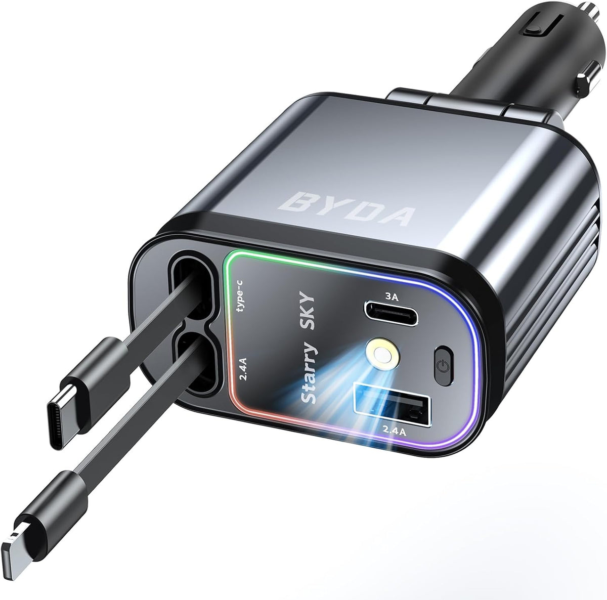4 in 1 Retractable Car Charger with Starry Light,69W USB-C Fast Car Charger, for iPhone 17/16/15/14/13/12/11, Android,Pixel,Cigarette Lighter Charger
