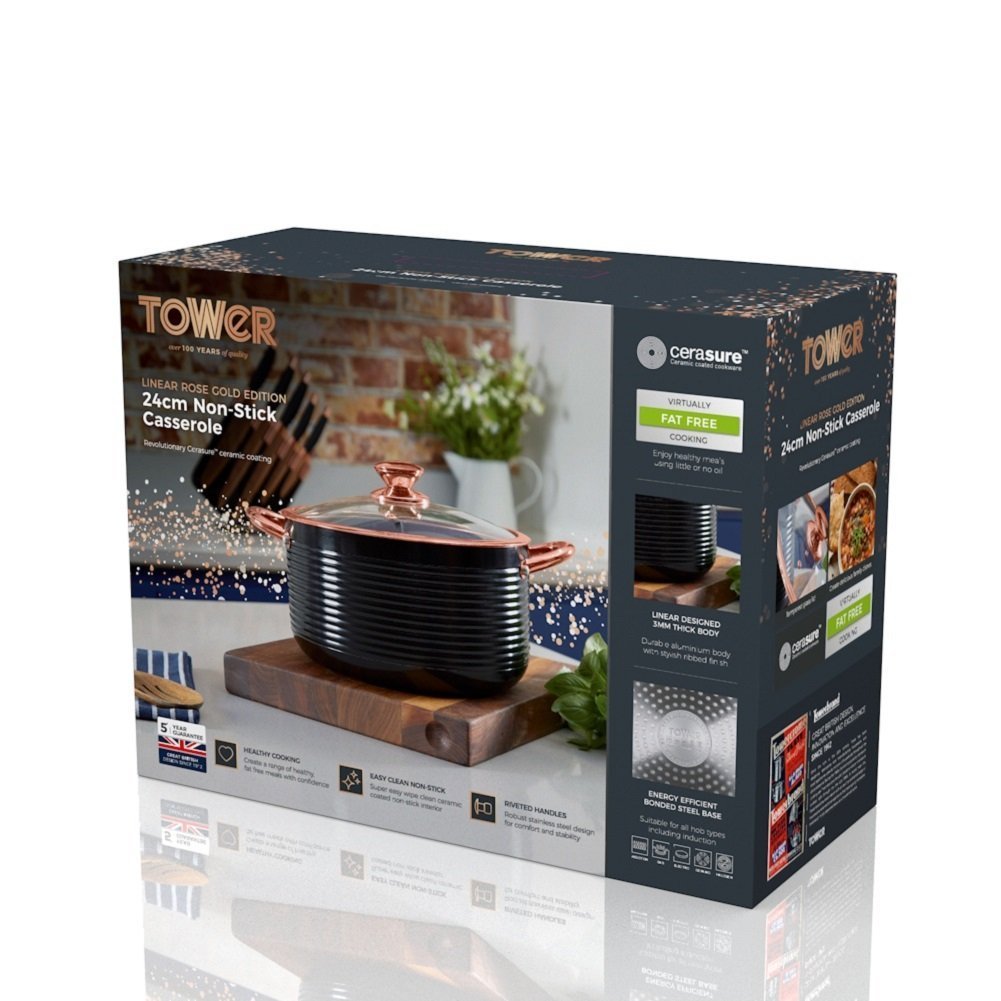 Tower T800002RB Casserole Dish with Lid, Linear Collection with Easy Clean Non-Stick Ceramic Coating, Aluminium, Black and Rose Gold, 4 Litres