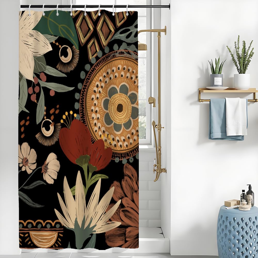 Uiiooazy Boho Shower Curtain, Abstract Mid Century Floral Green Leaves Minimalist Bath Curtain Anti Mildew Waterproof Polyester Fabric Opaque Shower