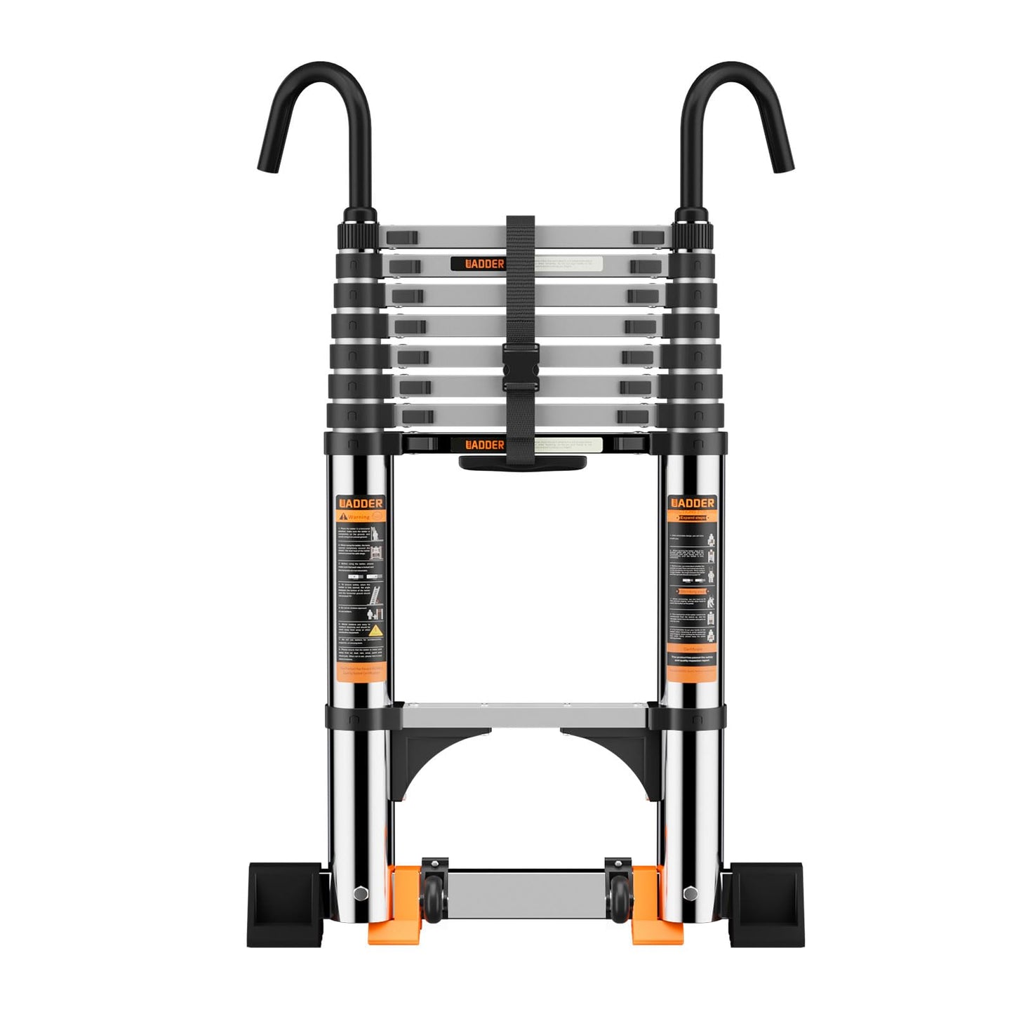 Telescopic Ladder,3.8M Stainless Steel Thickened High-Strength Loft Ladder, step ladder with Stabilizer Bar and Detachable Hooks, Multi Purpose