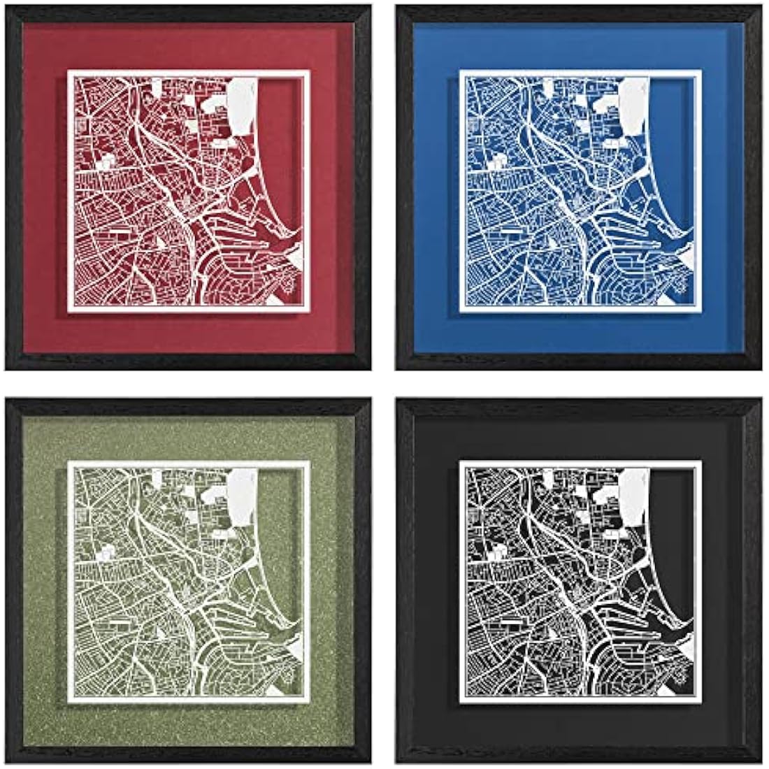 O3 DESIGN STUDIO Aberdeen Paper Cut Map framed, White map, Black frame, 23x23 cm, Gift Boxed, 4 background color, self-changing, Paper Art