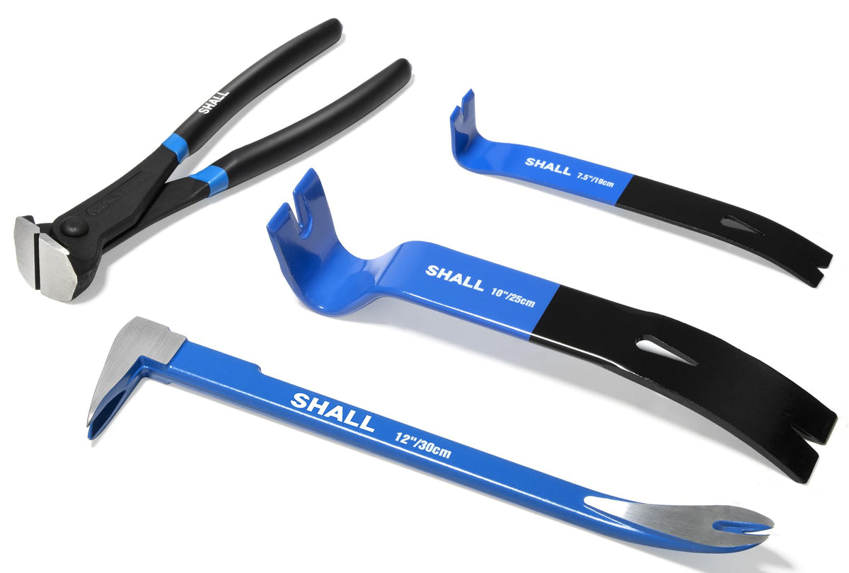 SHALL 4-Piece Pry Bar Set, 12-Inch(30.48cm) Cats Paw Nail Puller, 10-Inch(25.4cm) & 7.5-Inch(19cm) Flat Claw Pry Bars, 8-Inch End Cutting Pliers, Nail