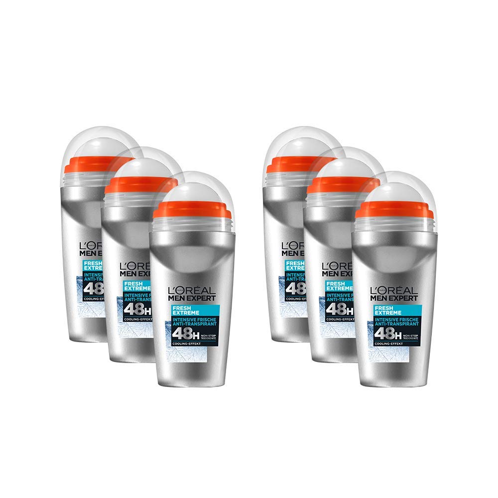 L'Or?al Men Expert Cooling Deodorant for Men, Intensive Deodorant for 72 Hours, Ultra Cooling Effect, Fresh Extreme, 6 x 50 ml