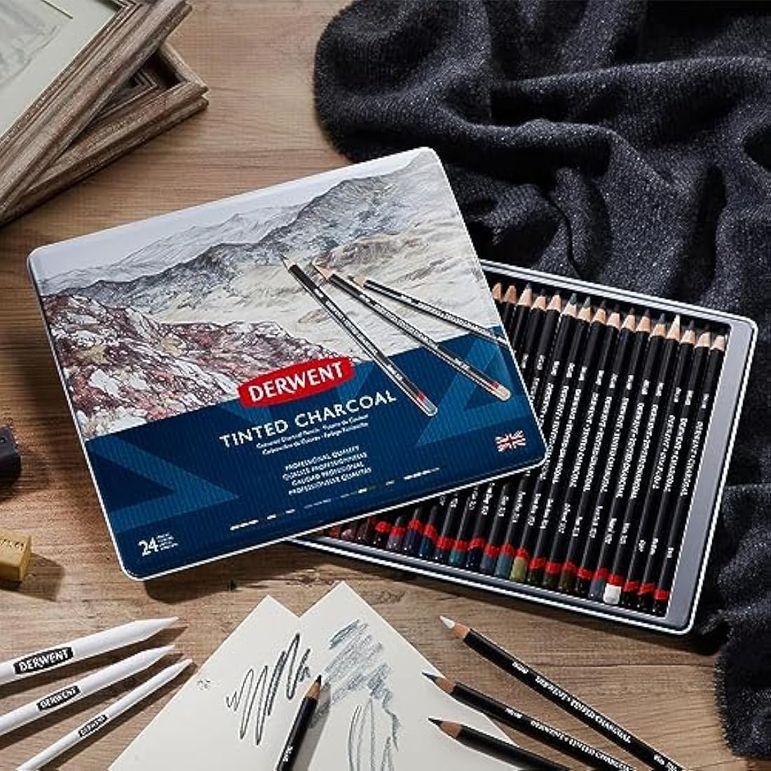 Derwent Tinted Charcoal Drawing Pencils, Drawing & Writing, Set Of 24, Watersoluble, Ideal For Blending & Smudging, Professional Quality, 2301691