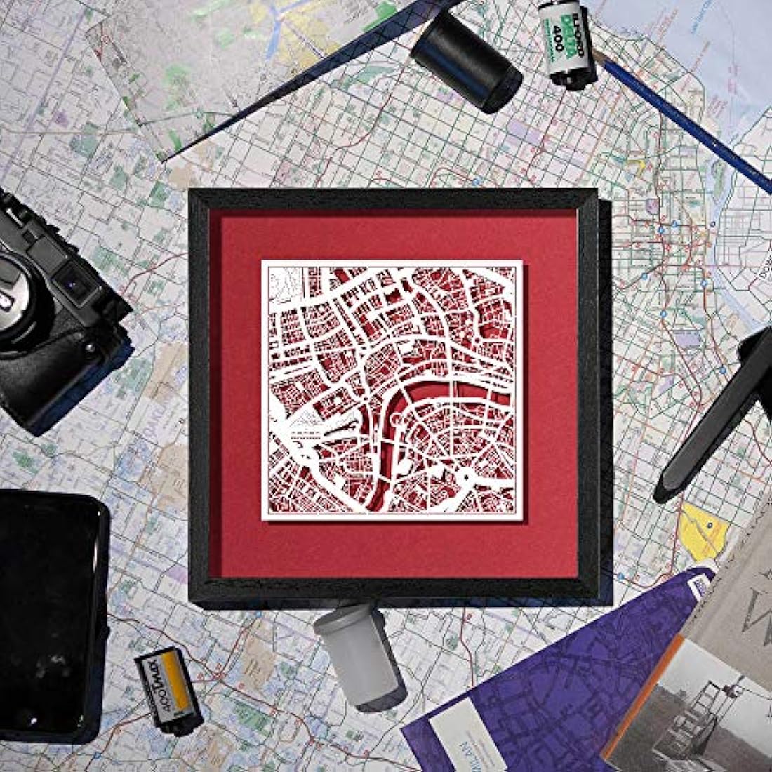 O3 DESIGN STUDIO New York Paper Cut Map framed, White map, Black frame, 9x9 inches, Gift Boxed, 4 background color, self-changing, Paper Art