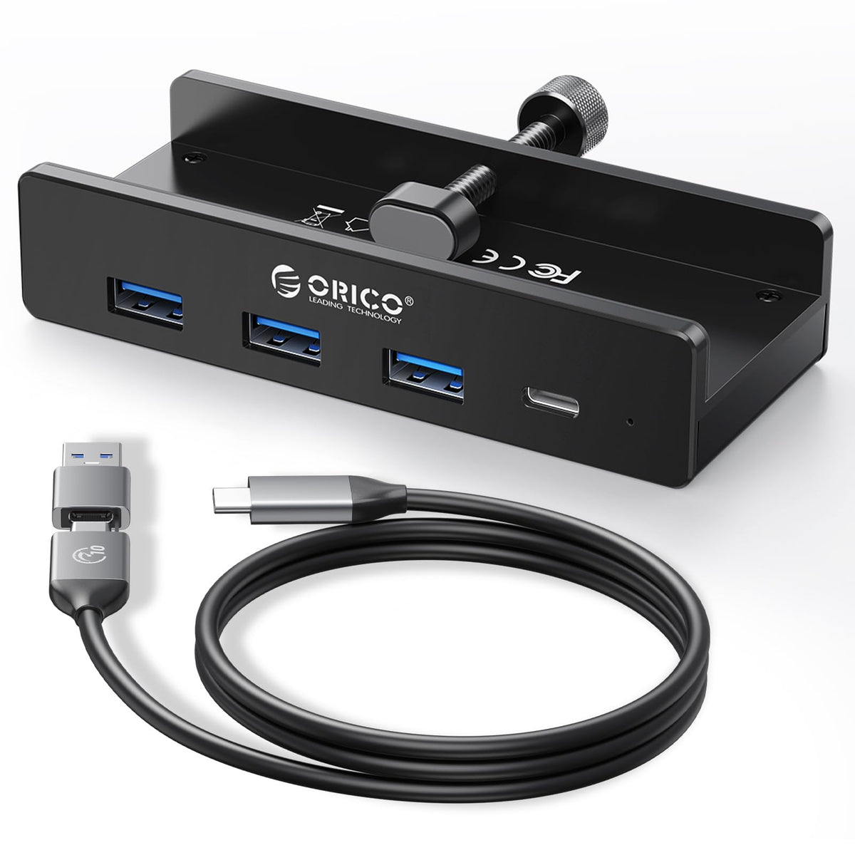 ORICO USB Hub, Aluminum USB 3.0 Hub Clip with 5V Power Supply Connection, 5Gbps 4 port USB Distributor with 3 USB-A 3.0 and 1 USB-C 3.0, 3.3Ft Cable
