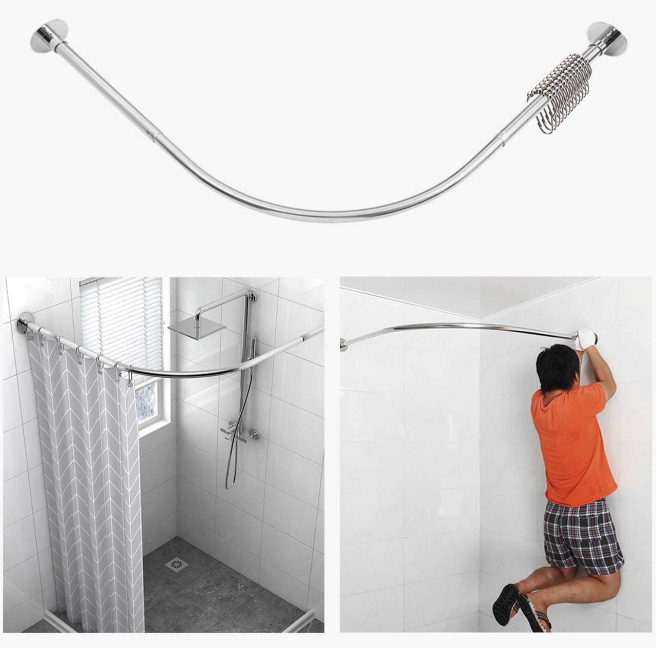 Tanxih Corner Shower Curtain Rod Adjustable Stainless Steel L Shaped Rack Drill Free Install for Bathroom, Bathtub, Clothing Store (Silver, 90-130cm X