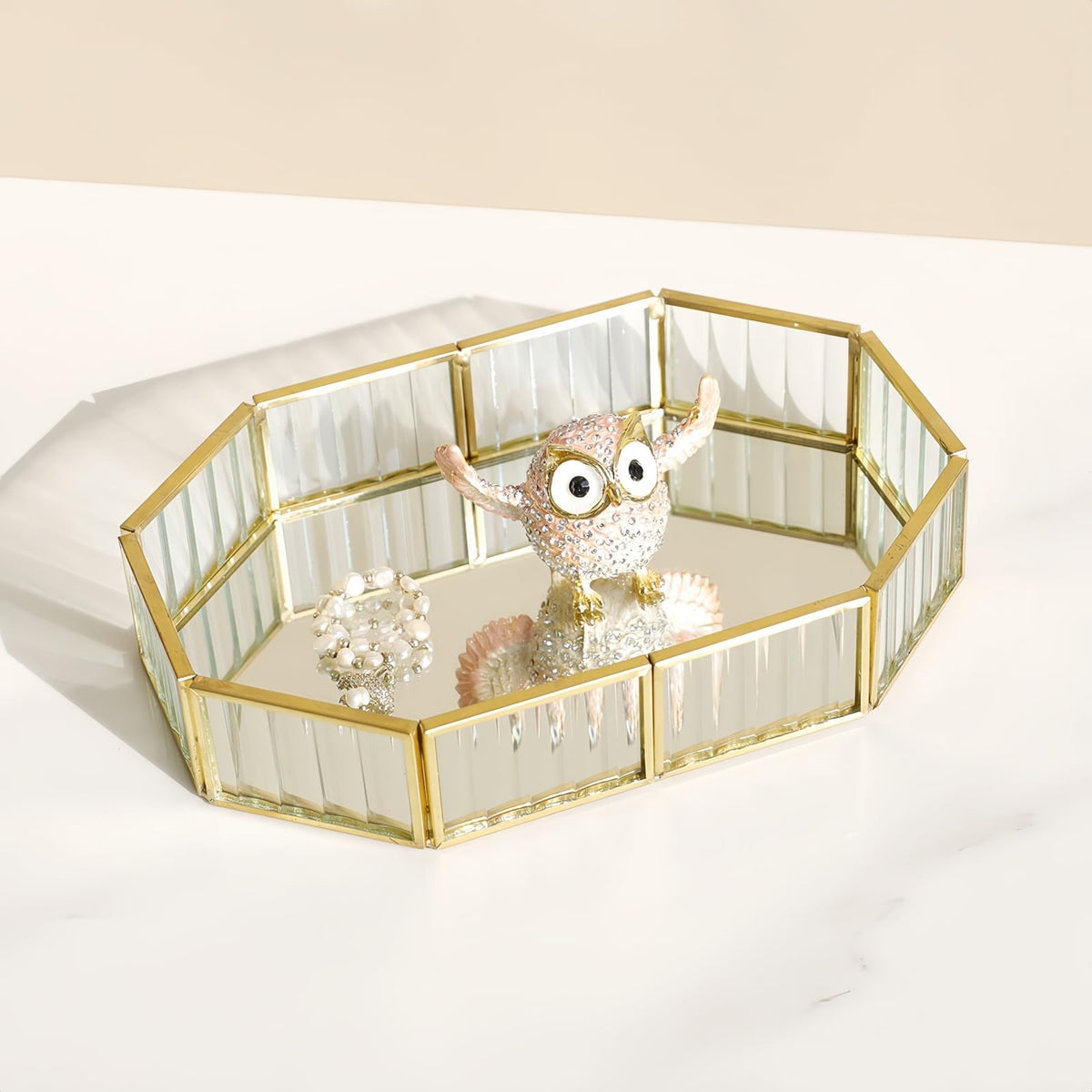 SLHEQING Mirror Tray Gold Vintage Perfume Tray Makeup Jewelry Organizer, Glass Vanity Tray Metal Polygon Tray