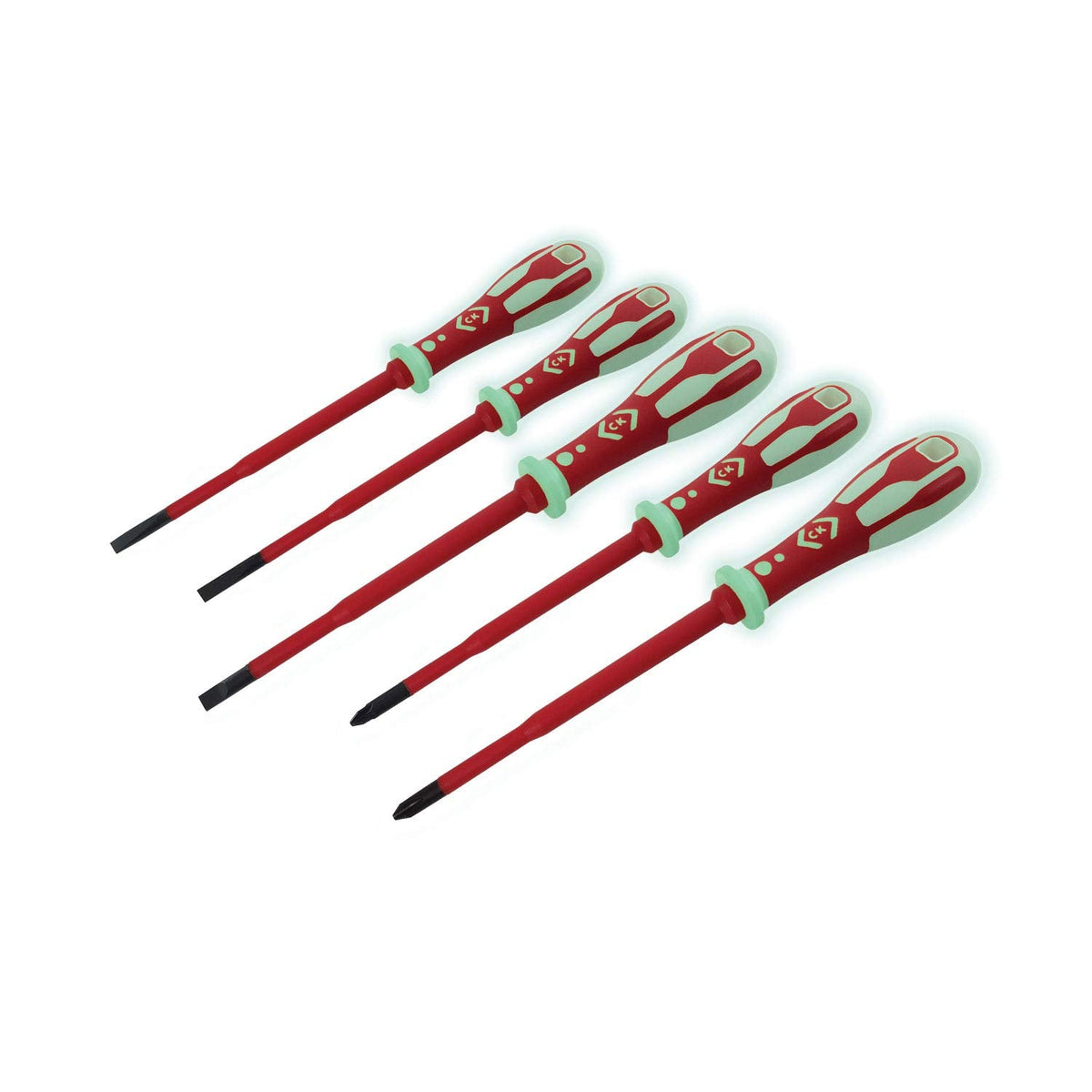 C.K Dextro VDE Slim GLO Set of 5 Phosphorescent Screwdrivers SLP & PZ, Glow in The Dark Thin Slotted Pozidriv PZ1 PZ2 SL, Electricians Insulated
