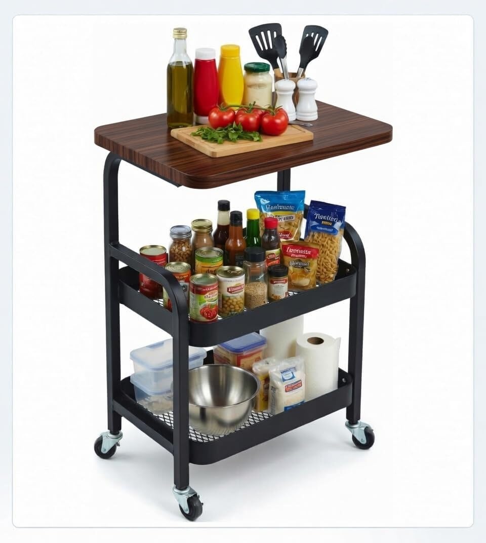 3 Tier Rolling Cart Metal Storage Trolly on Wheels, Coffee Cart Bedside Microwave Cart Trolley Organizer for Kitchen, Office, Living Room Bathroom