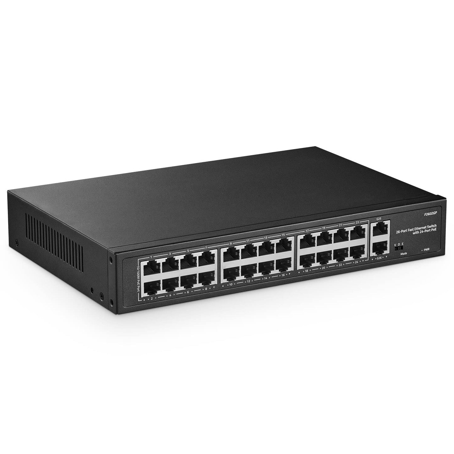 24 Port PoE Switch, 10/100Mbps PoE+ Ports, 2 Gigabit Ethernet Uplink, IEEE802.3af/at, Max 300W, VLAN & PoE Extend 250m, RackMount Fanless Unmanaged