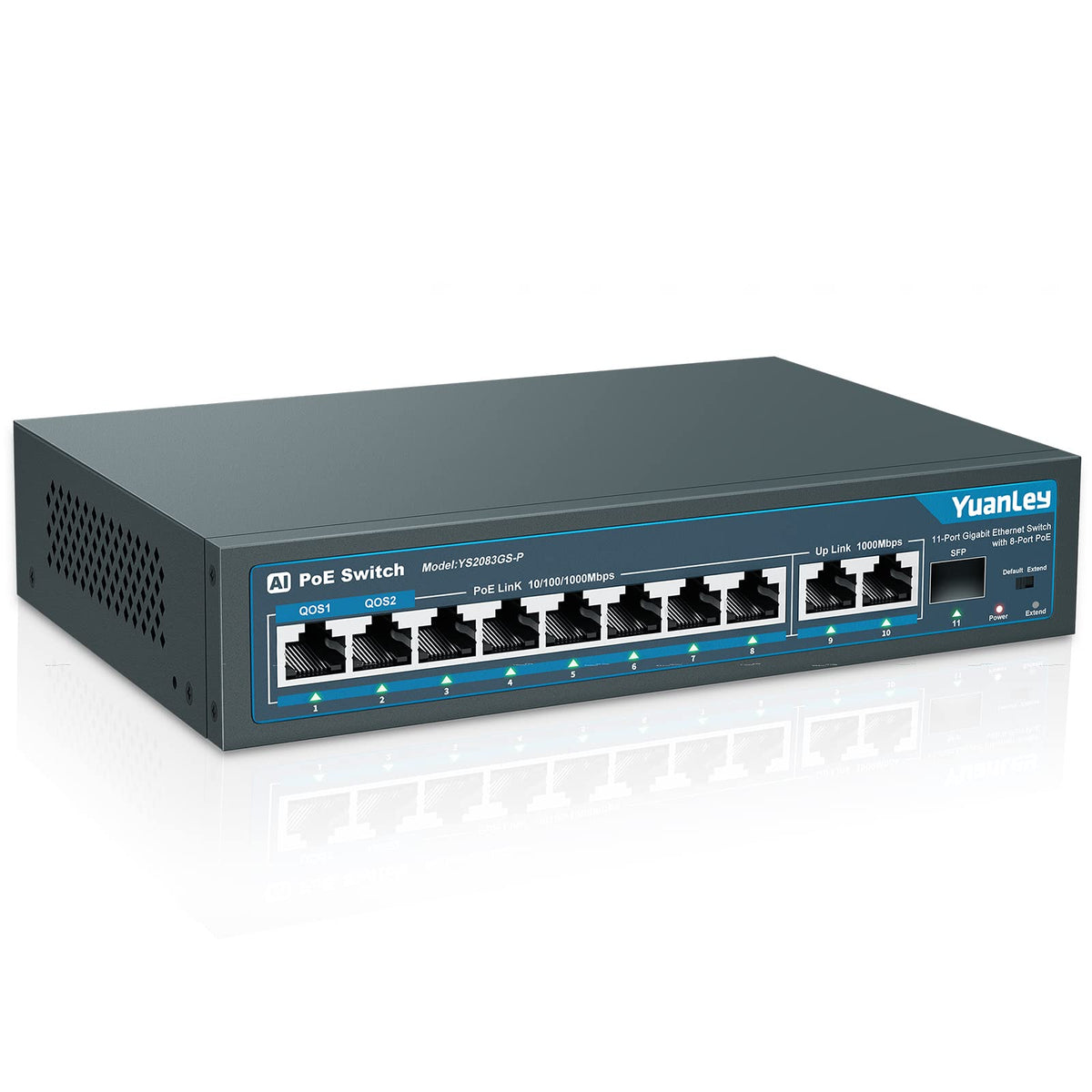 YuanLey 11 Port Gigabit PoE Switch, 8 PoE+ Port 1000Mbps, 2 Gigabit Uplink, 1 SFP Port, 120W 802.3af/at, Metal, Qos, Unmanaged Plug and Play AI Smart
