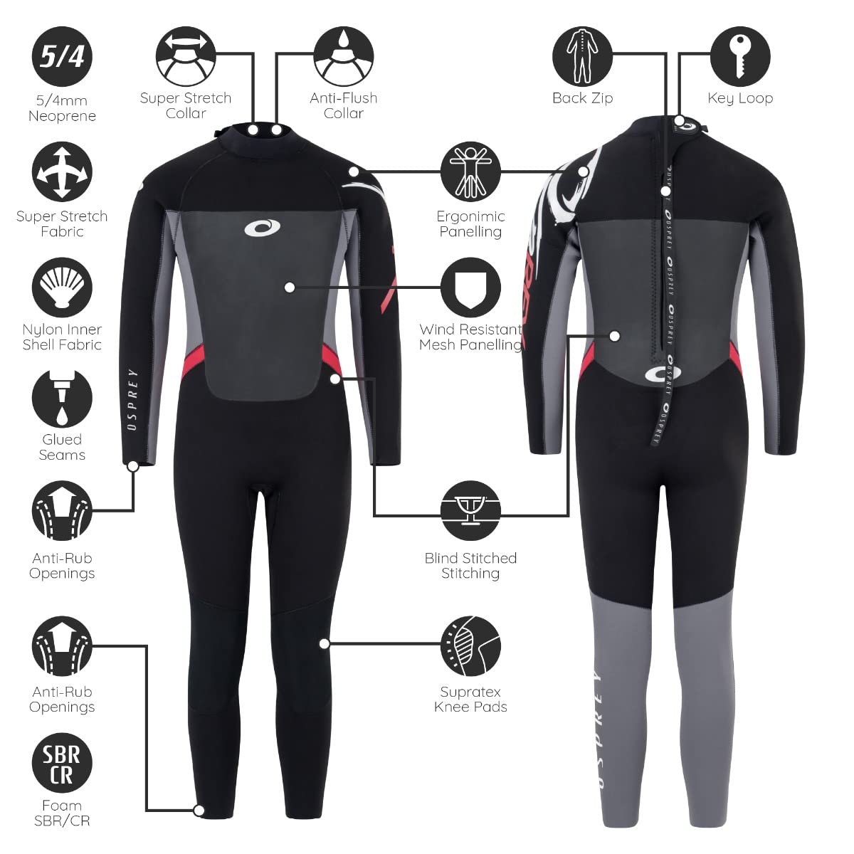 Osprey Boys Full Length 5 mm Winter Wetsuit, Kids Neoprene Surfing Bodyboarding Wetsuit, Origin, Red, Medium Short