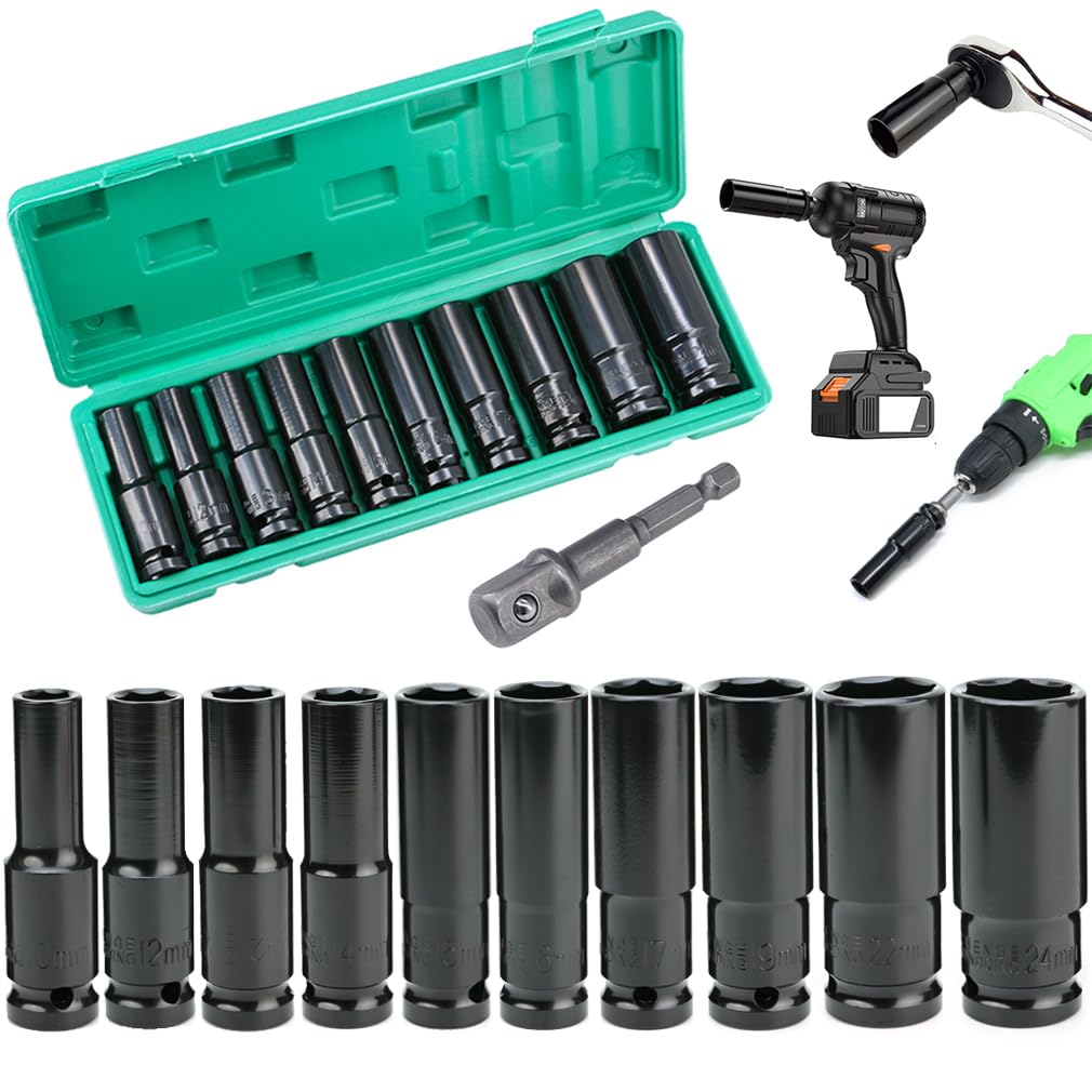 HASERY Deep Socket Set 1/2 inch 10 to 24mm, Extra Long Reach, 11 pcs Impact Driver Hex Bit Sockets, with 1/4 Hex Shank Adapter, Car Large Torque
