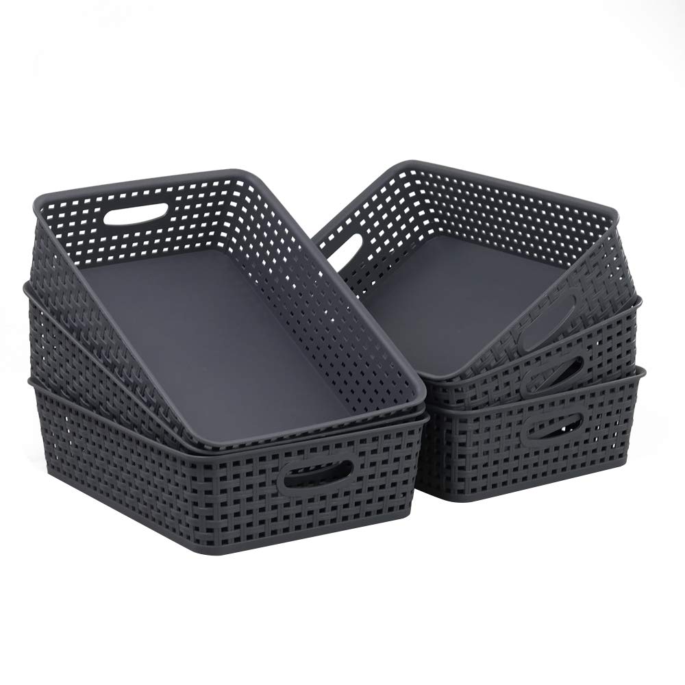 Yarebest 6 Packs Grey Woven Storage Baskets, Plastic A4 Shallow Tray Basket