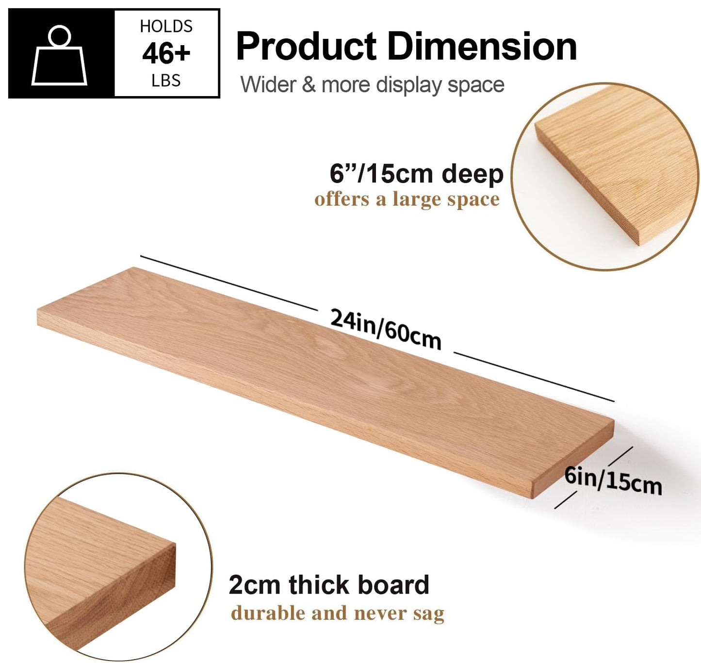 Gieanoo Floating Shelf, 60cm Solid Oak Wood Rustic Wall Shelf Wall mounted Radiator shelf Display Shelf For Living Room, Kitchen, Bedroom,Bathroom