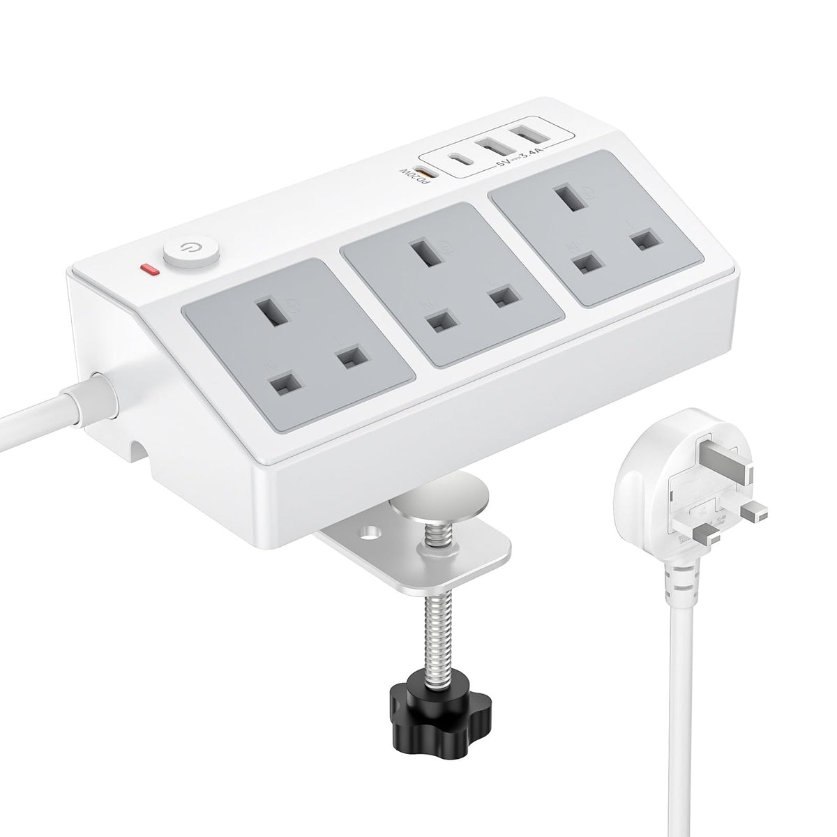 Desk Extension Lead with USB C Slots, PASSUS PD 20W Fast Charging Power Station, 2M Desk Power Socket 3 Way Power Socket with 4 USB Slots, Desktop