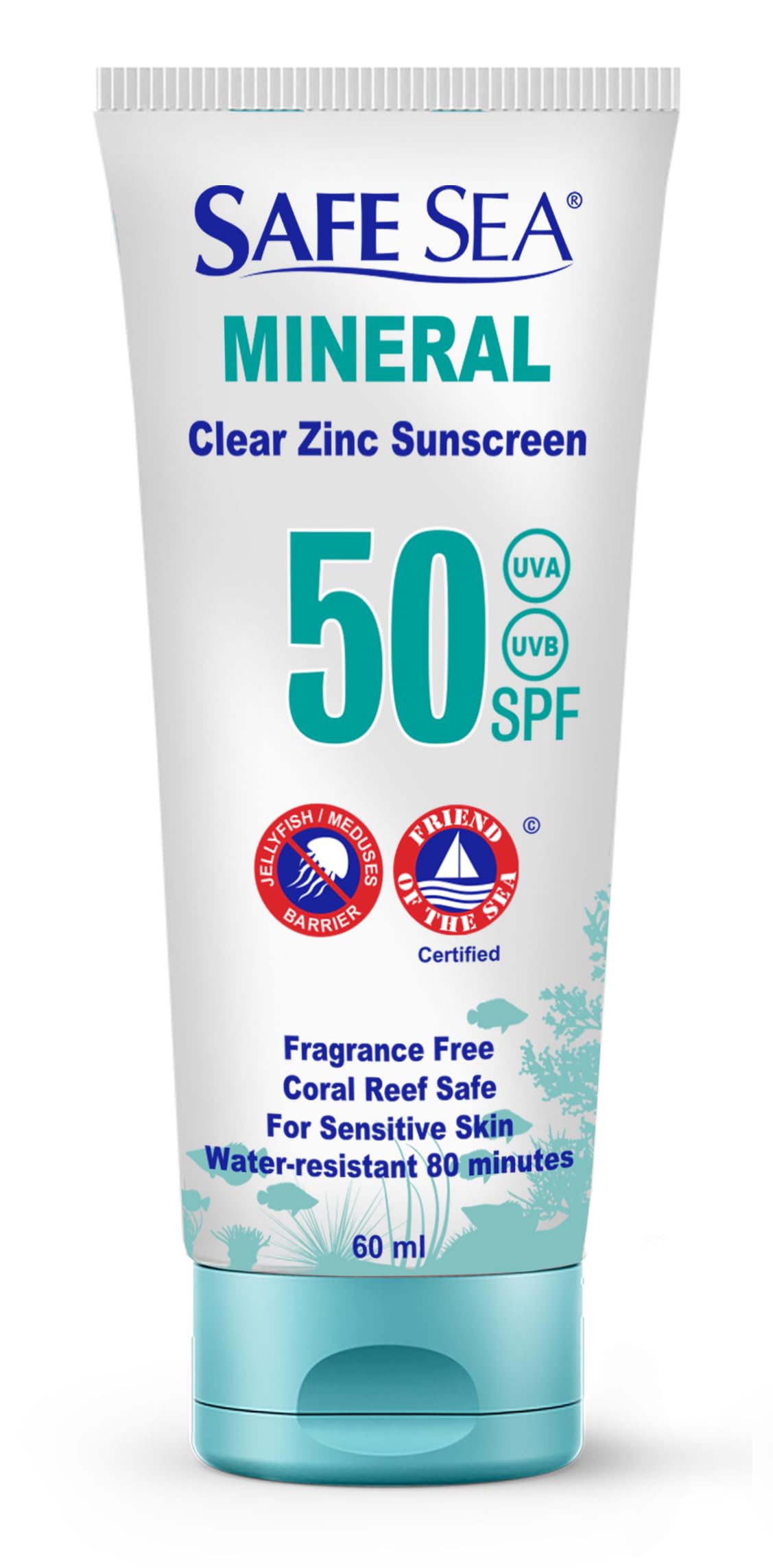 Safe Sea Zinc Oxide Sunscreen SPF50 | Clear Mineral Face Sunscreen Without White Cast | Anti-Jellyfish Sting Protective Lotion | Coral Reef Safe |