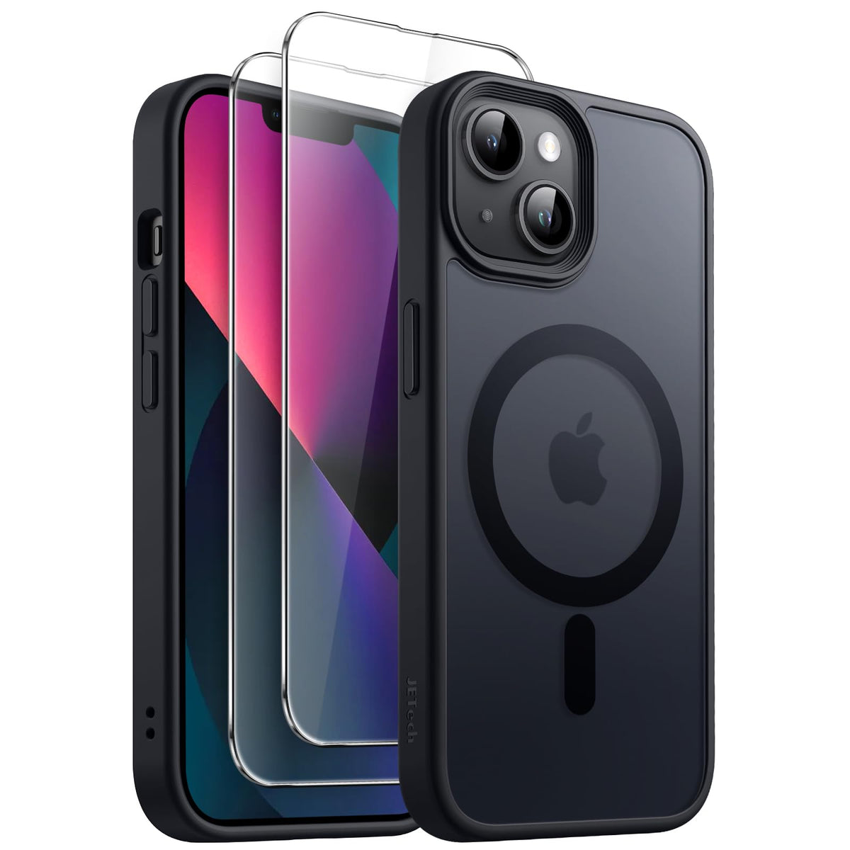 JETech 3 in 1 Magnetic Case for iPhone 13 6.1-Inch with 2-Pack Tempered Glass Screen Protector, Compatible with MagSafe, Translucent Matte Back