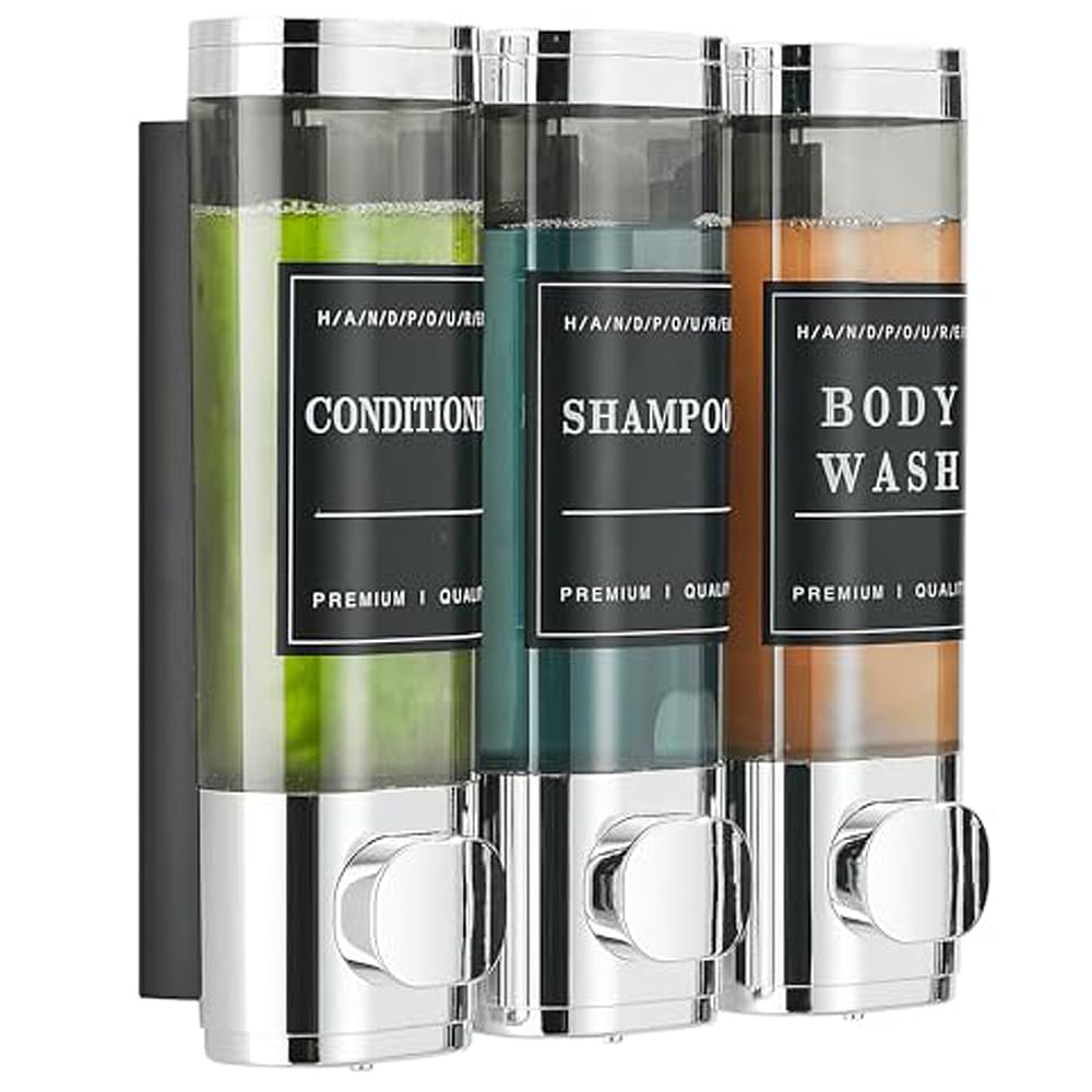 Shower Soap Dispenser Wall Mounted No Drill Shampoo Dispenser for Shower Wall Shampoo and Conditioner Dispenser Bathroom Hotel 3 * 300ml Chrome with