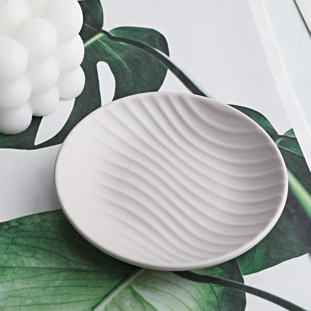 Chic Round Soap Dish, Modern Minimalist Striped Design Ceramic Tray(Oatmeal)