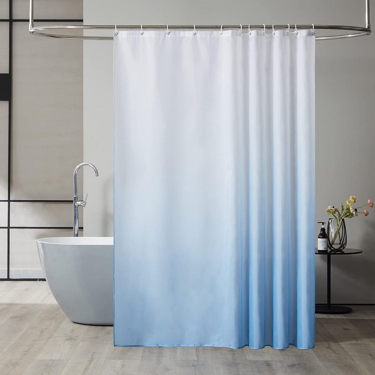 Furlinic Shower Curtain Mould Proof Polyester Fabric Wetroom Bath Curtains Waterproof Machine Washable with 12 Hooks for Bathroom White to Sky Blue