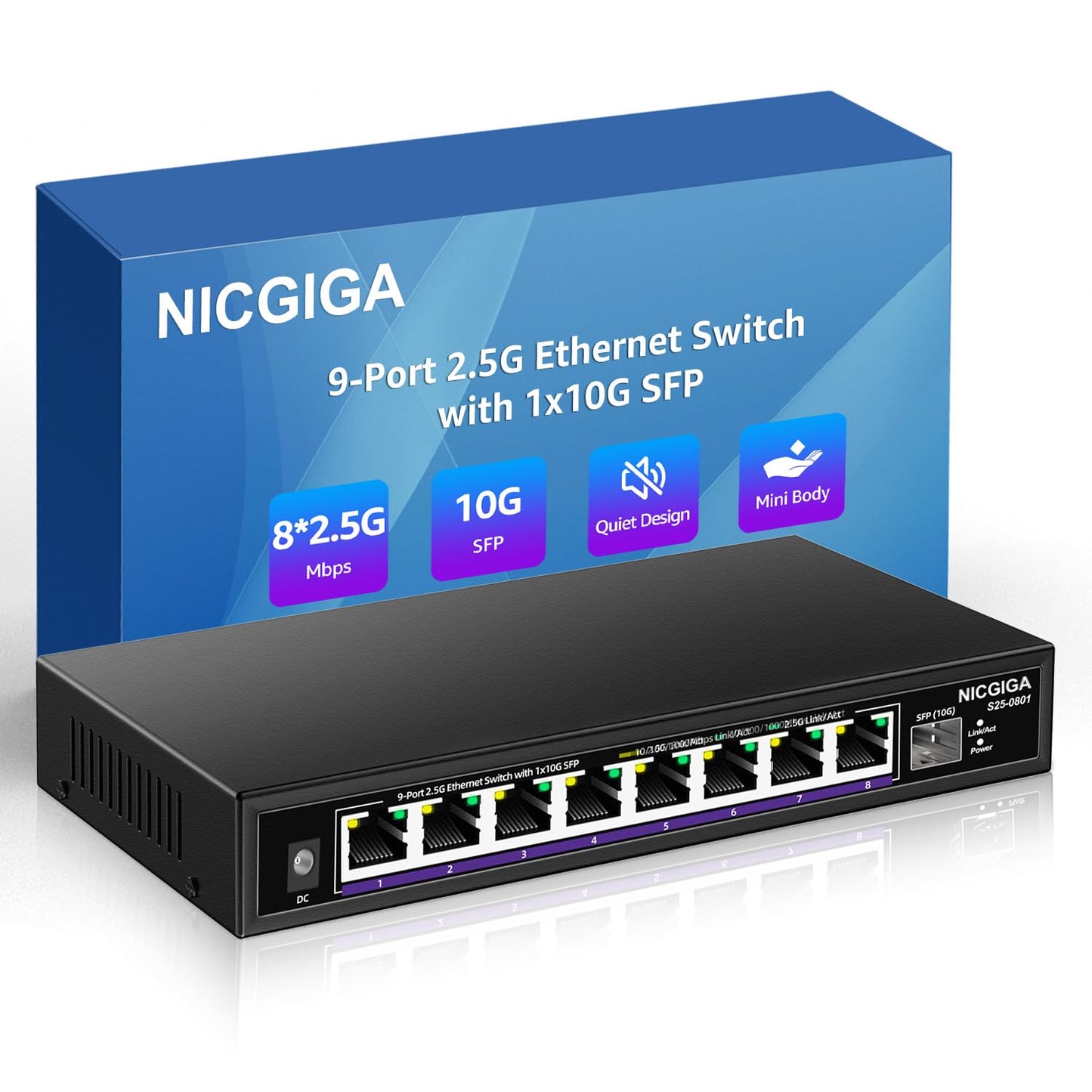 NICGIGA 8 Port 2.5G Ethernet Switch with 10G SFP Uplink, Unmanaged 2.5Gb Network Switch, Plug & Play, Desktop/Wall-Mount, Fanless Metal Design.