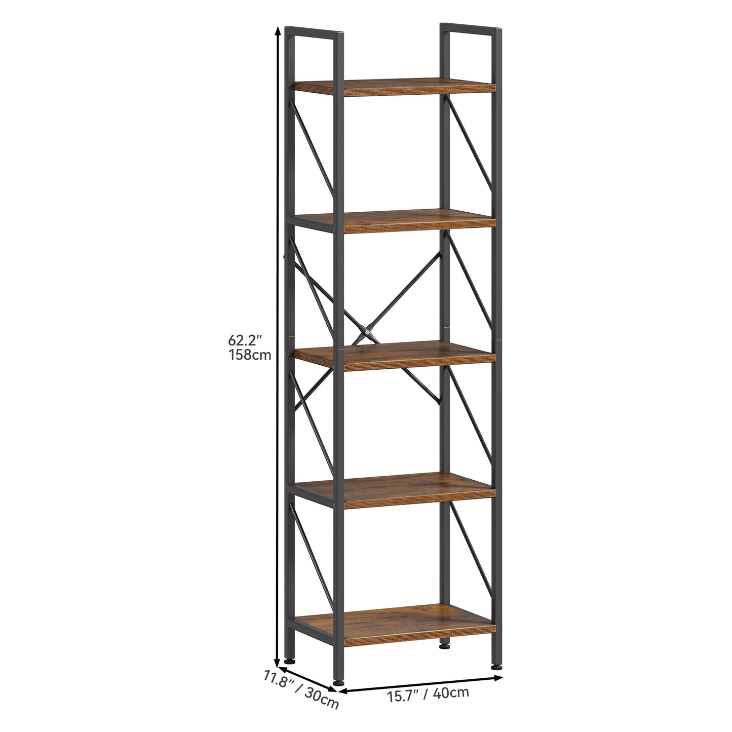 YITAHOME Bookshelf 5 Tier, Corner Narrow Slim Shelf Wooden Shelf and Metal Frame Industrial Storage Rack for Living Room Home Office Kitchen Bedroom