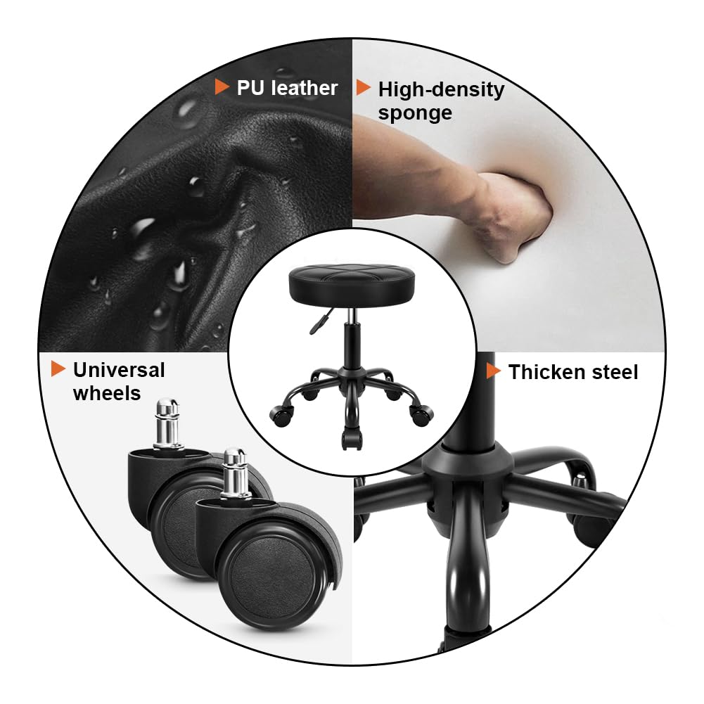 KKTONER Rolling Stool Chair PU Leather Height Adjustable Round Stool with Wheels Chair for Salon Spa Drafting Small (Black)