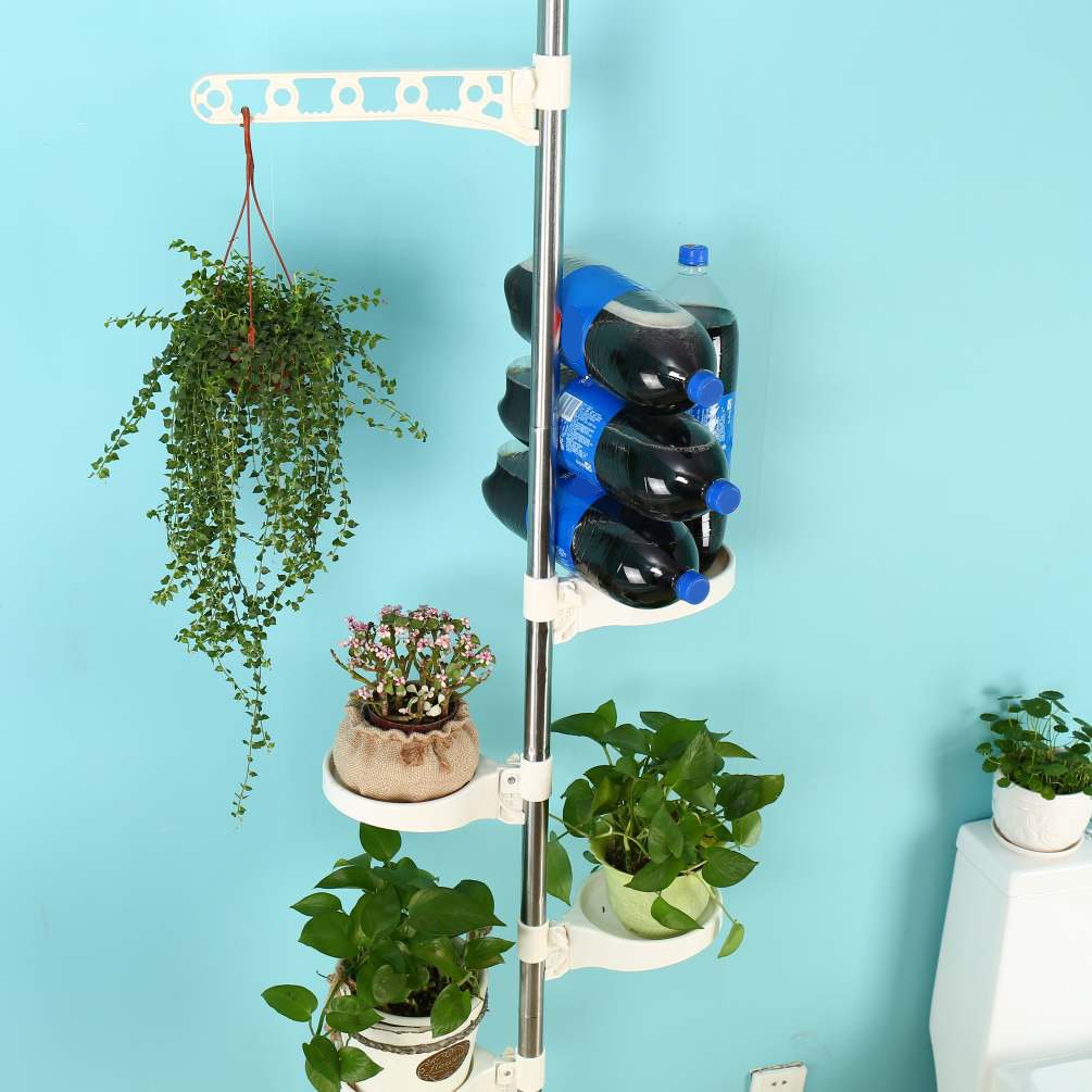 BAOYOUNI 5-Tier Indoor Plant Stand Flower Pot Display Holder Rack Tension Pole Stainless Steel Rod Decorative Storage Shelf, Ivory