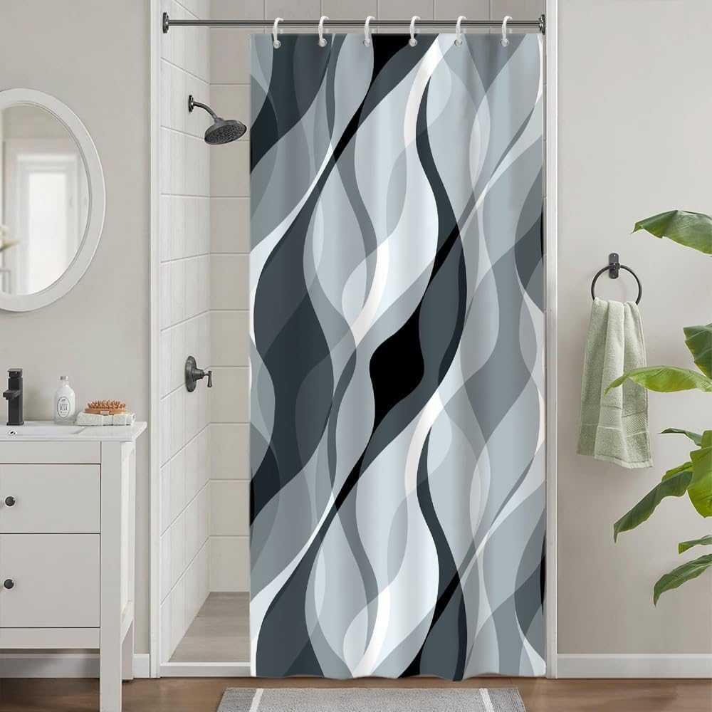 Uiiooazy Shower Curtain, Blue, Shower Curtain, Narrow, 90 x 180 cm, Anti-Mould, Grey Stripes, Gradient Stripes, Patterned Shower Curtains, Short