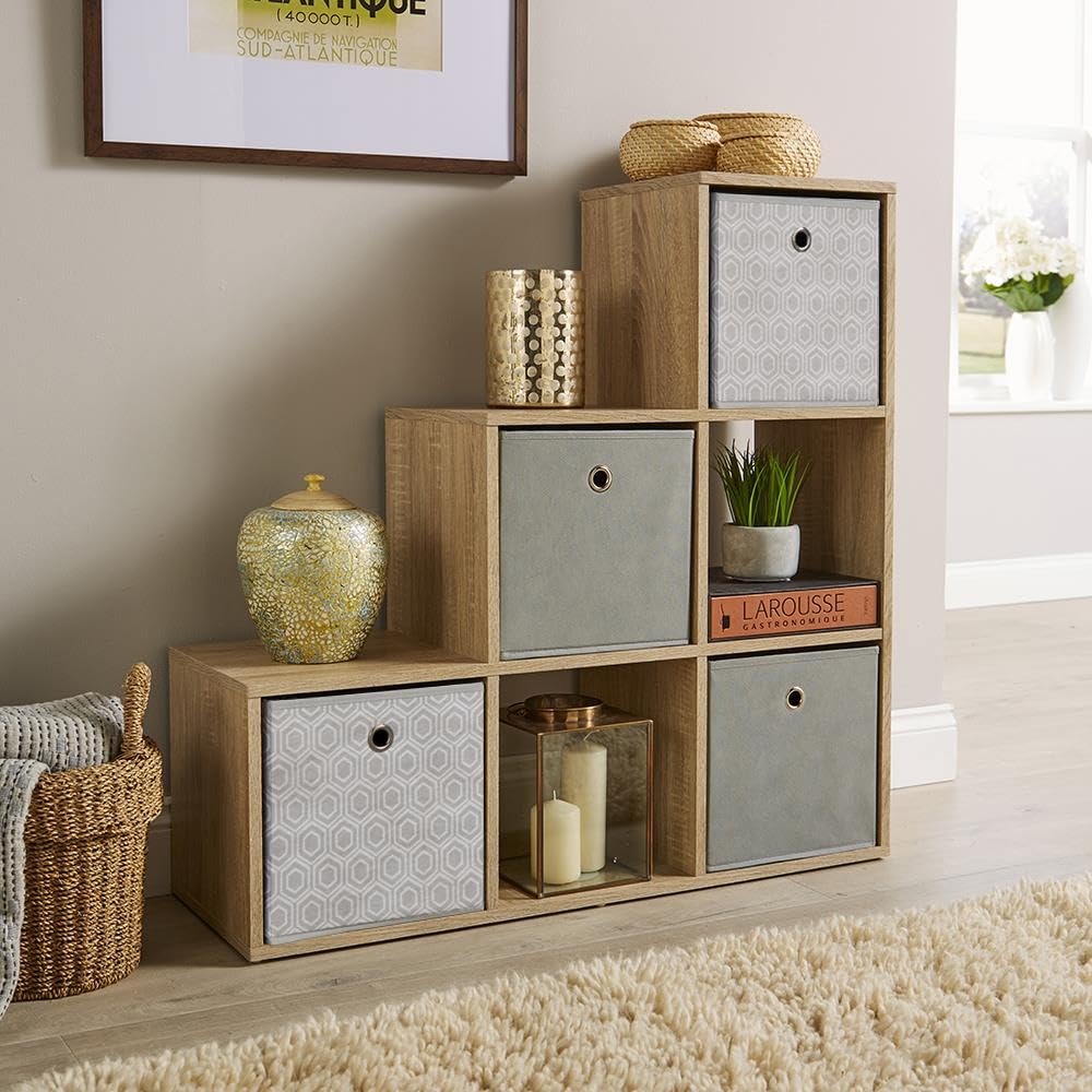 Home Source Step Style Storage 6 Cube Bookcase Wooden Display Staircase, Oak Effect