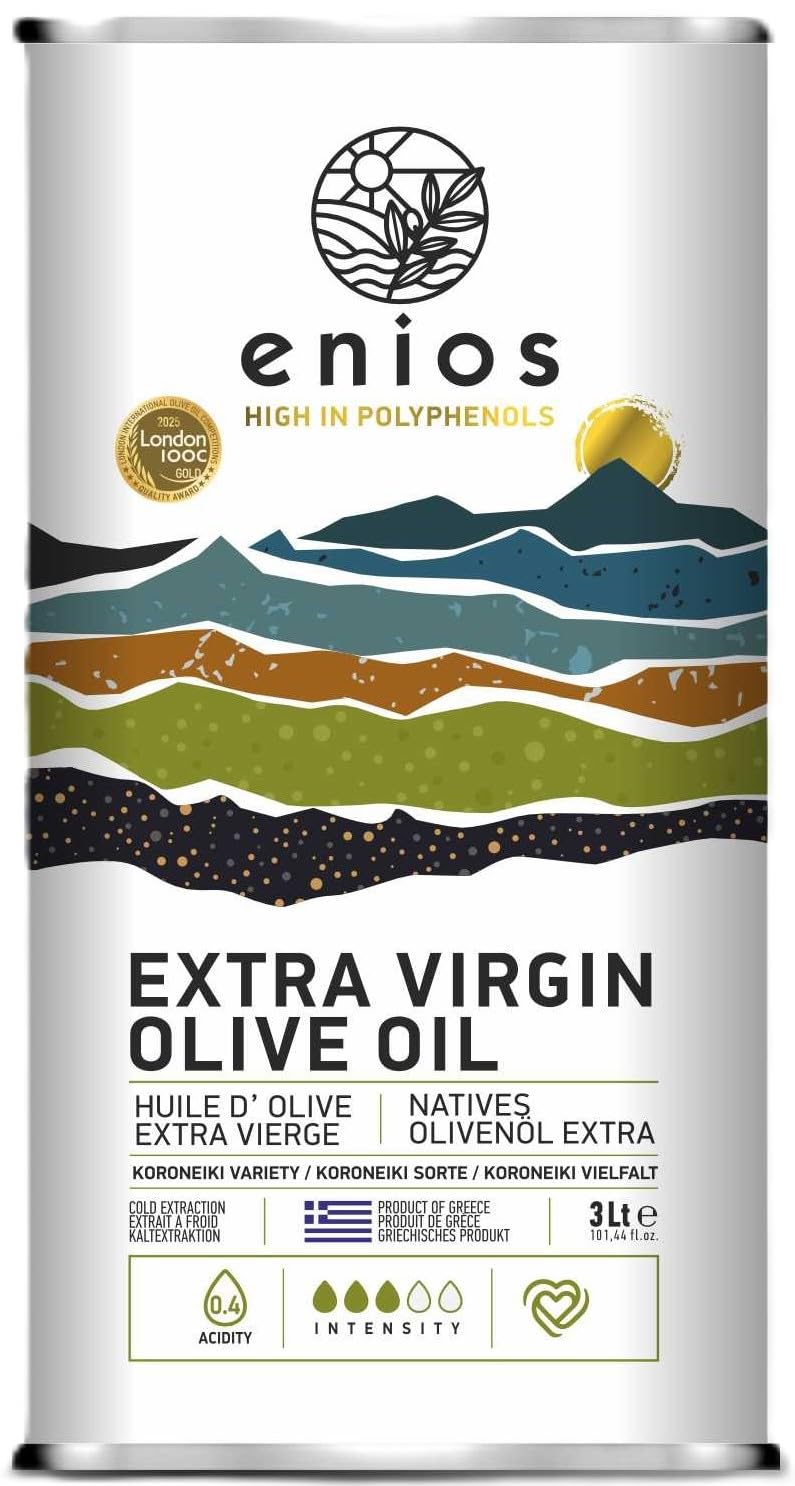 Enios Premium Greek (Kalamata) Extra Virgin Olive Oil 3L. Harvest 2025. First Cold Pressed, Low Acidity 0.27%, Rich in Polyphenols. Best Before: