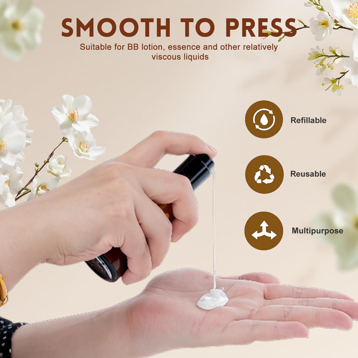 2Pcs 100ml/3.4oz Amber Glass Lotion Pump Bottles Travel Size Pump Dispenser Cosmetics Containers Bottle Jar with Black Pump for Essential Oil