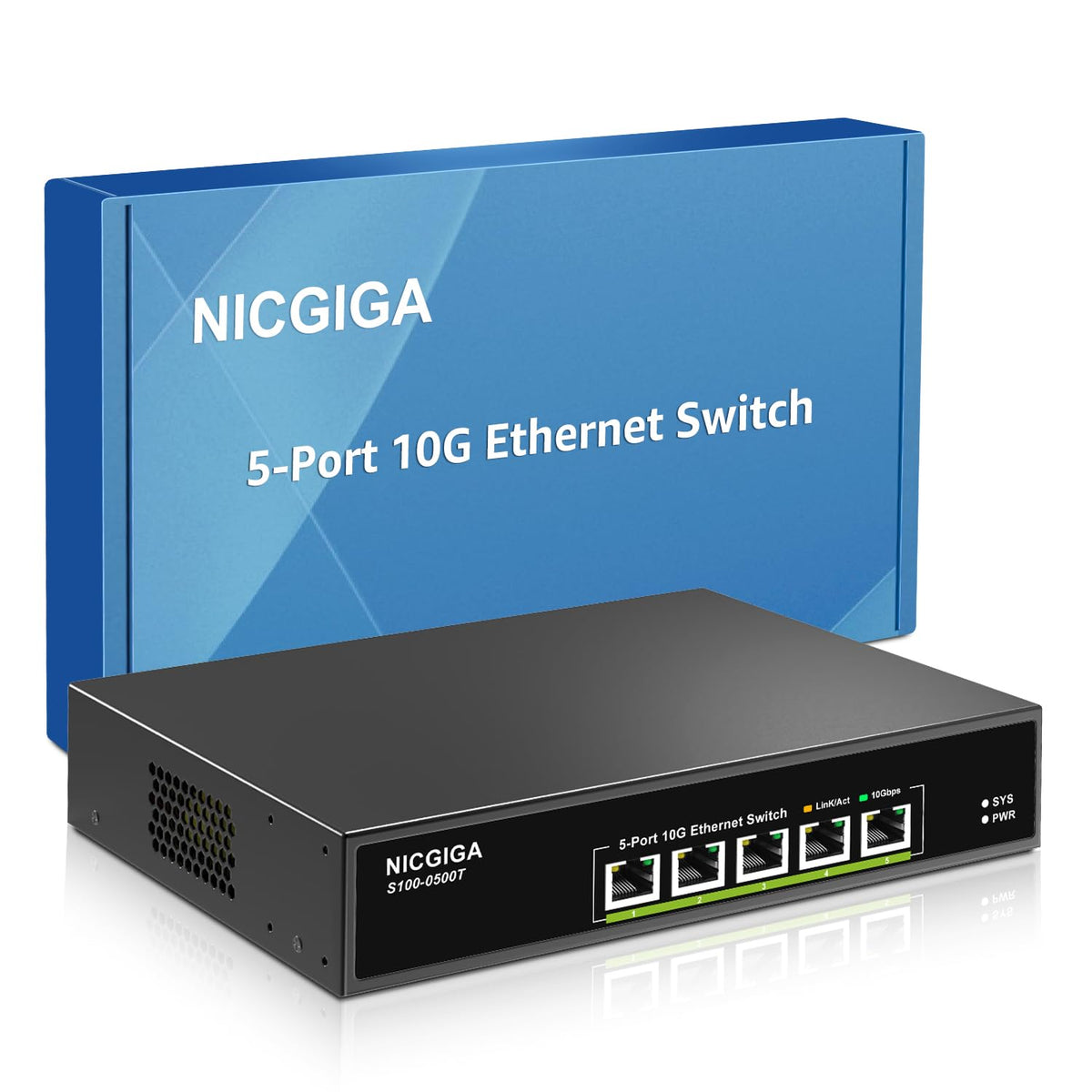 5 Port 10G Ethernet Switch Unmanaged,with 5X 10Gb Base-T RJ45 Ports, NICGIGA 10Gbps Network Switch Easy for 10G NAS,PC,WiFi7 Router,10G Adapter/NIC.
