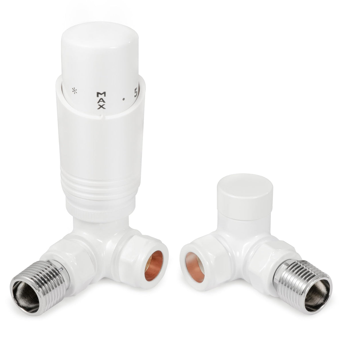 VANCOCO Glossy White Thermostatic Radiator Valves 15mm (TRV) with Lockshield, 1/2"?15mm Corner Radiator Thermostat Valve, H62 Brass, Energy Saving