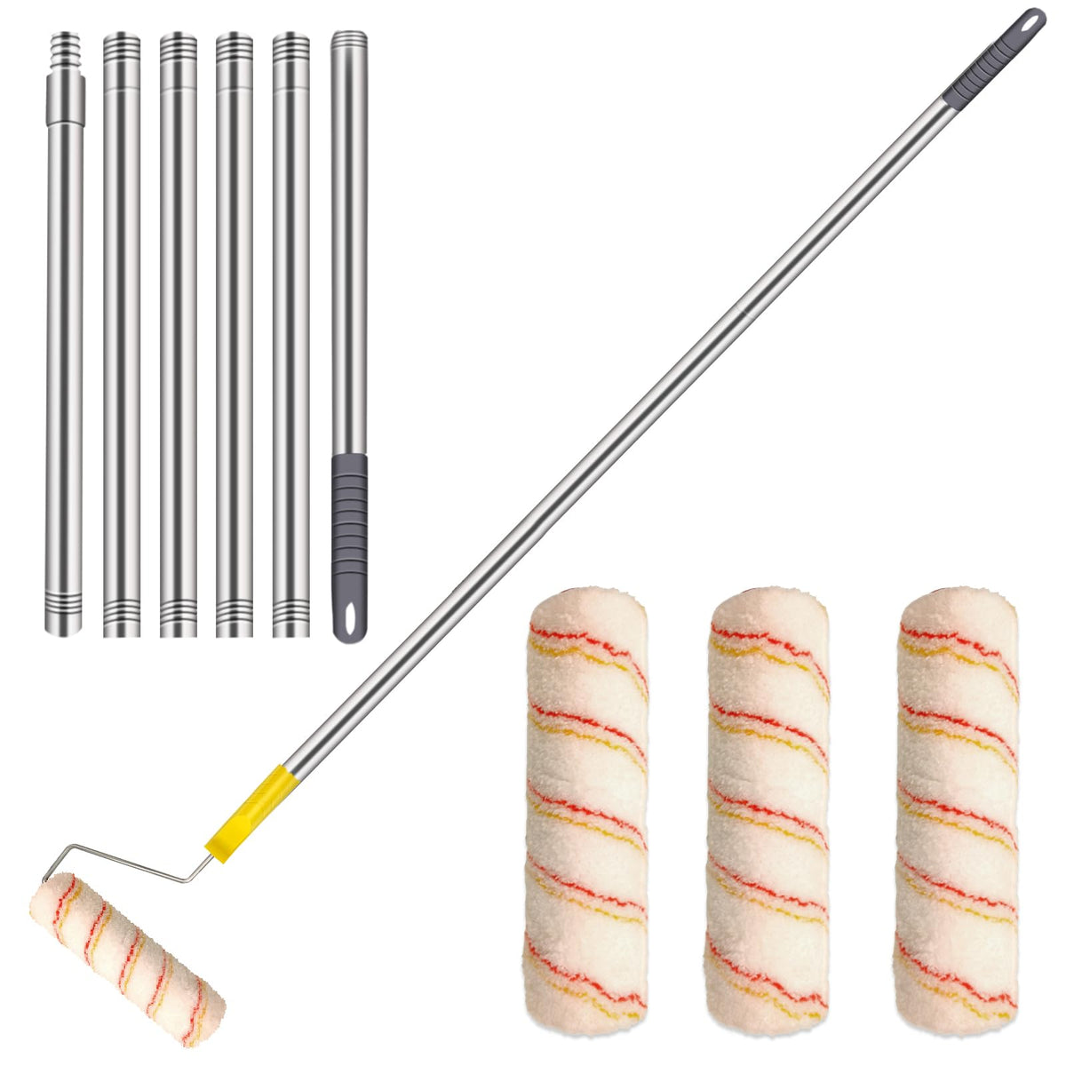 HpCuales Paint Roller Kit,Paint Roller Brush Set with 8FT Stainless Steel Pole and 3pcs 9Inch Roller Covers,Multi-Function Long Paint Roller Household